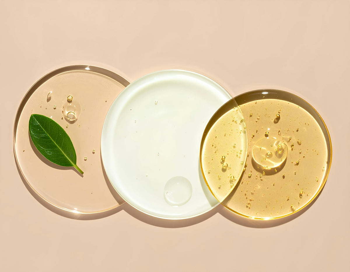 Cosmetic serums arranged on clear, circular plates